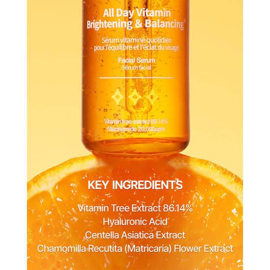 Jumiso All Day Vitamin Brightening & Balancing Facial Serum with vitamin tree extract and key ingredients on orange background.