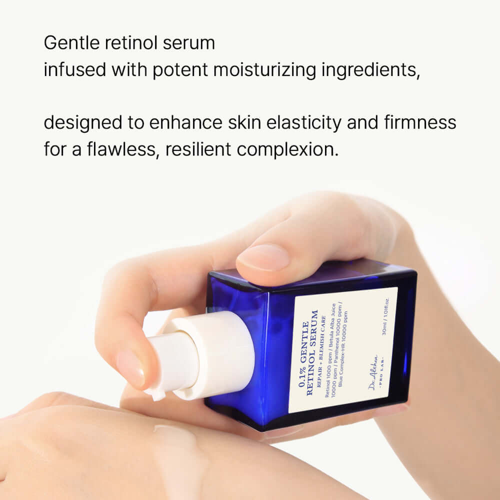Dr.Althea 0.1% Gentle Retinol Serum bottle showing moisturizing benefits for enhanced skin elasticity and firmness.