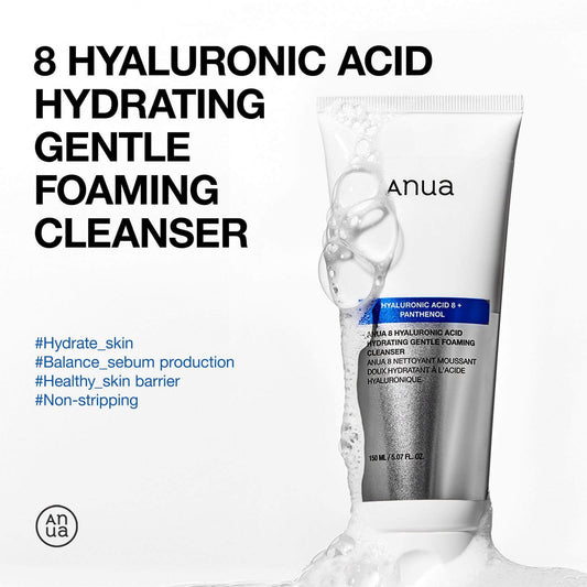 Anua 8 Hyaluronic Acid Hydrating Gentle Foaming Cleanser tube with hydrating benefits and soothing ingredients.