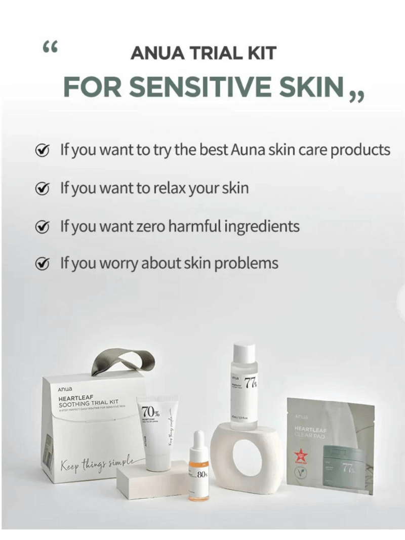 Anua Heartleaf Soothing Trial Kit for sensitive skin with toner, lotion, ampoule, and cleansing pads.