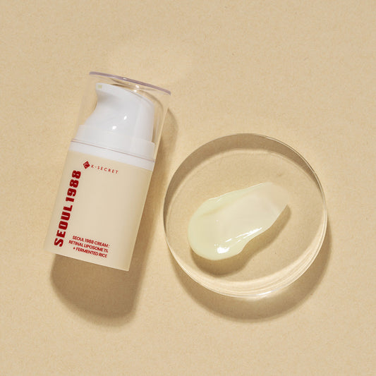 KSECRET SEOUL 1988 Cream : Retinal Liposome 1% + Fermented Rice in pump bottle with cream swatch.