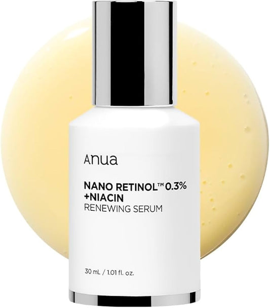 ANUA Nano Retinol 0.3% + Niacin Renewing Serum bottle against a vibrant yellow background, ideal for anti-aging and brightening skin.