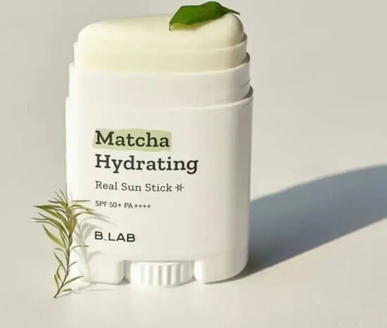 B_Lab Matcha Hydrating Real Sun Stick with camellia extract, smooth application, SPF 50, cooling and moisturizing.