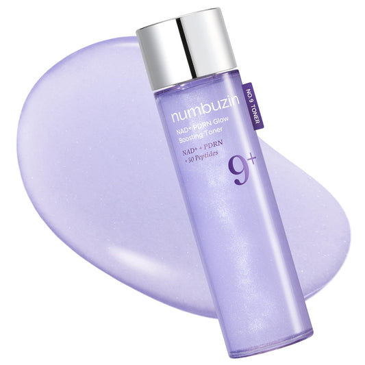 Numbuzin No.9 NAD PDRN Glow Boosting Toner 150ml in a sleek bottle with a lavender gel background.