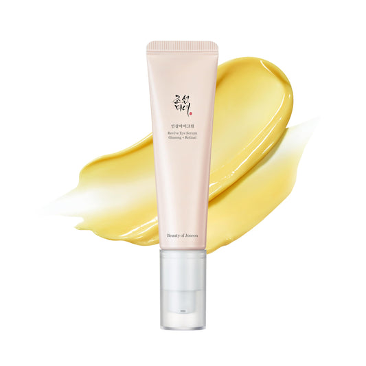 Beauty of Joseon Revive Eye Serum Ginseng+Retinal tube with a warm yellow serum swatch, perfect for hydrating and firming skin around eyes.