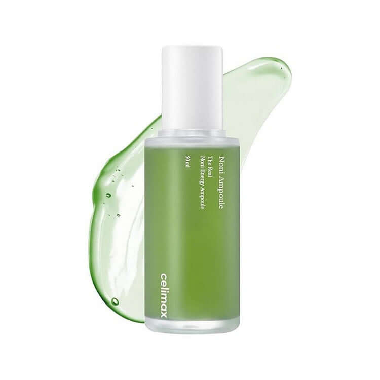 Celimax Noni Energy Ampoule 30ml bottle with a green gel texture, designed for sensitive skin hydration and brightening.