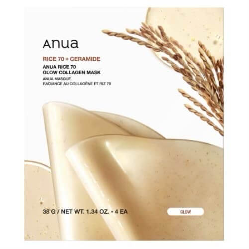 ANUA Rice 70 Glow Collagen Mask packaging featuring rice and ceramide for brightening and firming skin.