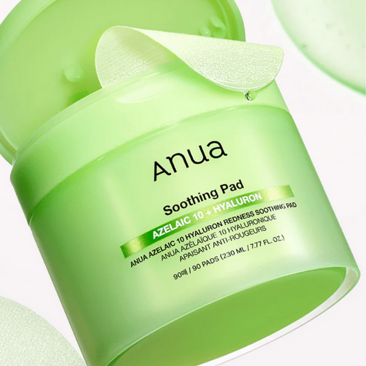 Anua Azelaic 10 Hyaluron Redness Soothing Pad jar with essence-soaked pads for calming and hydrating skin.