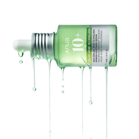 ANUA Azelaic Acid 10 Hyaluron Serum in a glass dropper bottle with serum dripping, designed for redness relief.