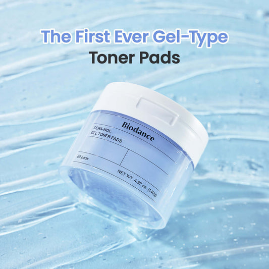 Biodance Cera-nol Gel Toner Pads, soothing gel pads with hyaluronic acid, packed in a clear container.