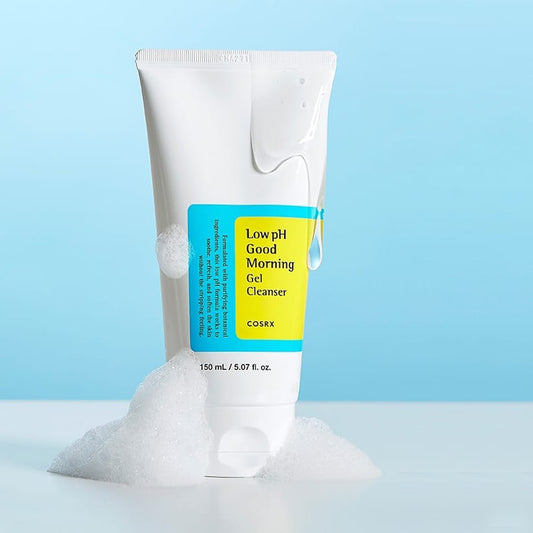 COSRX Low pH Good Morning Gel Cleanser with bubbles on a blue background, ideal for gentle cleansing.