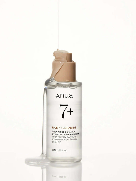 Anua 7 Rice Ceramide Hydrating Barrier Serum 50ml with dropper, designed for dry, dehydrated skin, enhancing moisture and elasticity.