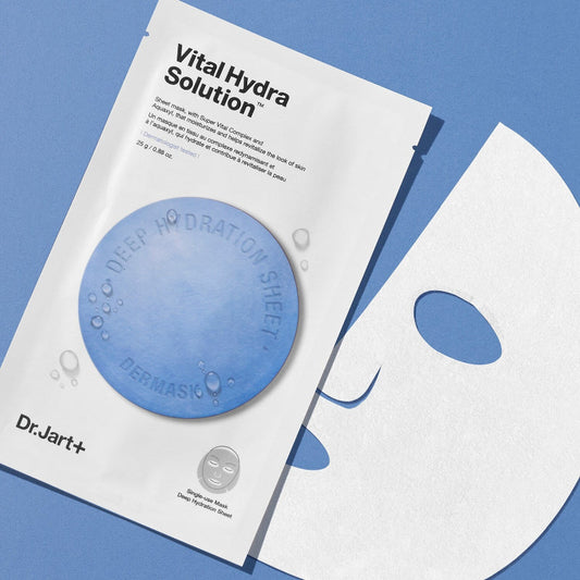 Dr.Jart+ Dermask Water Jet Vital Hydra Solution packaging featuring a blue hydration sheet mask.