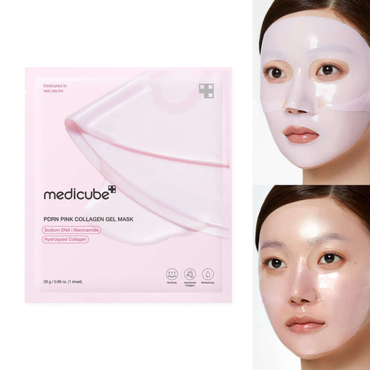 Medicube PDRN Pink Collagen Gel Mask packaging and model using the hydrating mask for improved skin elasticity.