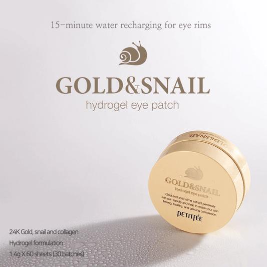 Petitfee Gold & Snail Hydrogel Eye Patch, 24K gold and snail, moisturizing and cooling for dark circles and puffiness.