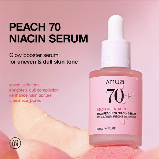 ANUA Peach 70% Niacinamide Serum 30ml in a dropper bottle, promotes even skin tone and brightens dull complexion.
