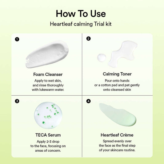 Instructions for using Abib Heartleaf Calming Trial Kit: Foam Cleanser, Calming Toner, TECA Serum, and Heartleaf Crème.