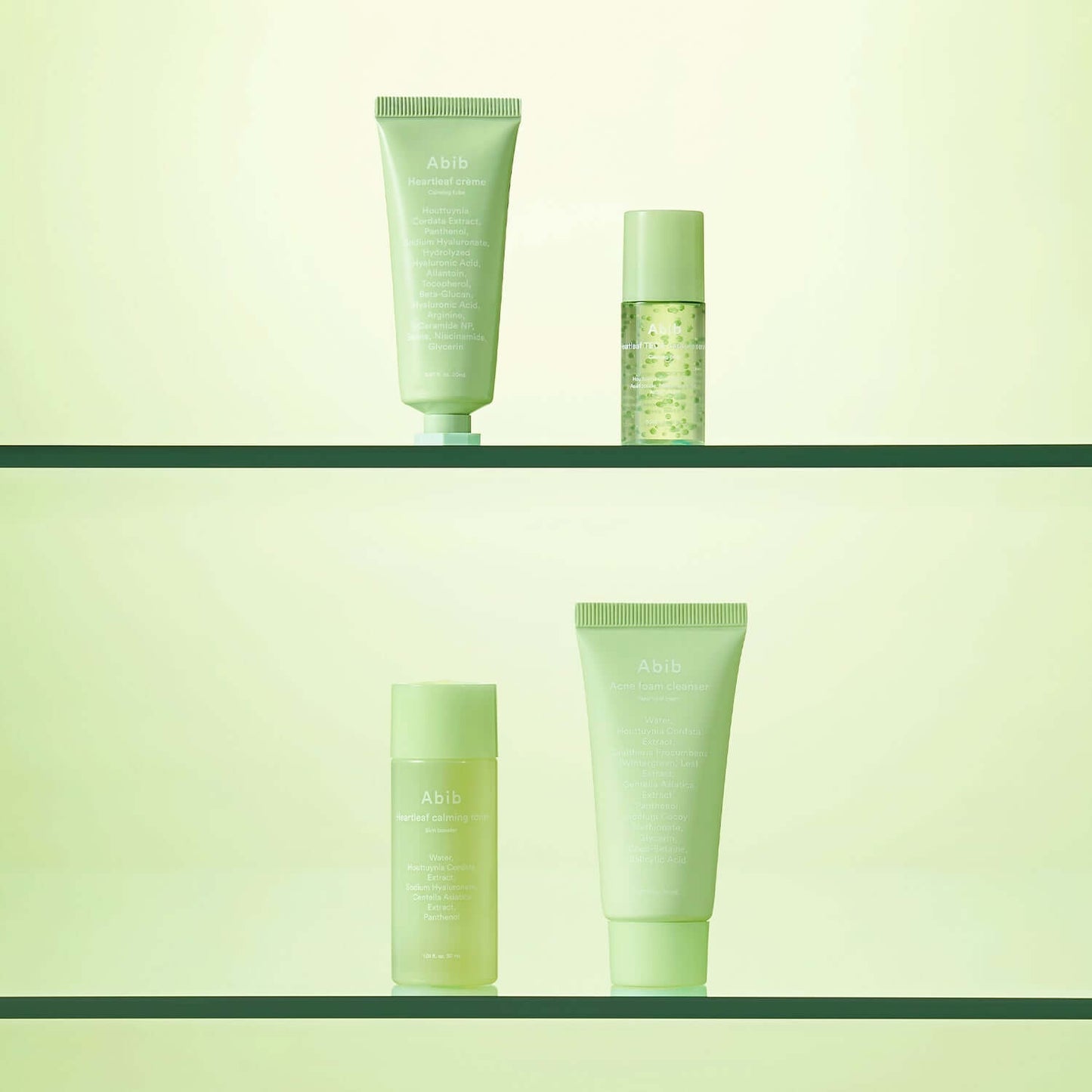 Abib Heartleaf Calming Trial Kit featuring acne foam cleanser, toner, calming crème, and serum on display.