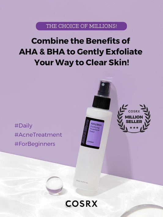 COSRX AHA/BHA Clarifying Treatment Toner on a purple background, promoting gentle exfoliation for clear skin.