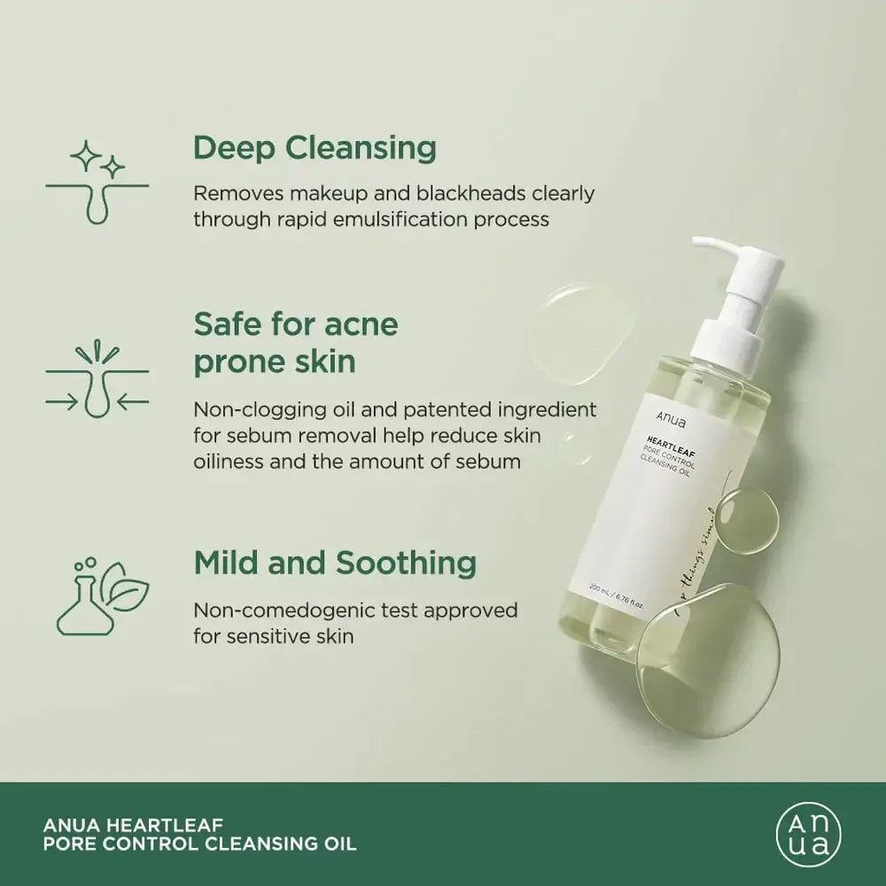 ANUA Heartleaf Pore Control Cleansing Oil: Deep cleansing, safe for acne-prone, mild and soothing, suitable for all skin types.