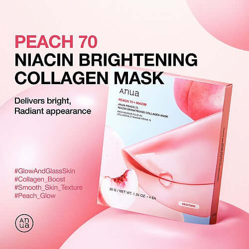 ANUA Peach 70 Niacin Brightening Collagen Mask packaging, promoting glowing skin and collagen boost.