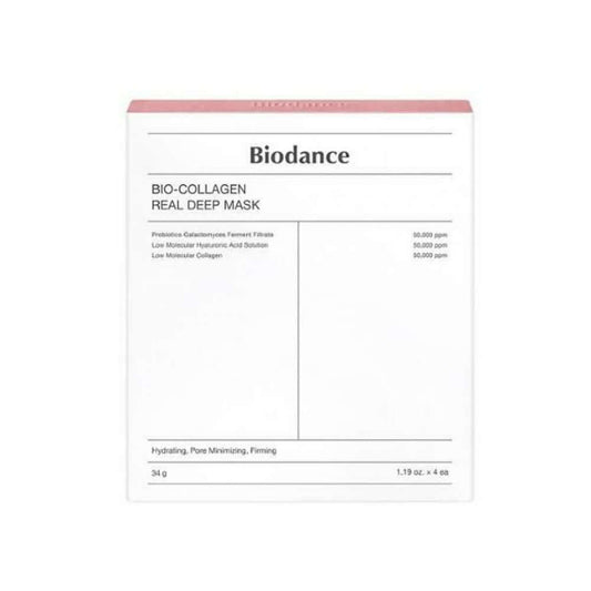 Biodance Bio-Collagen Real Deep Mask packaging highlighting hydrating and pore minimizing benefits.