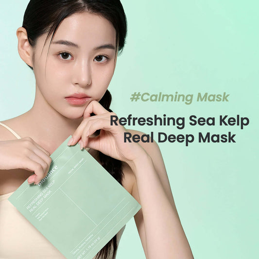 Model holds the Biodance Refreshing Sea Kelp Real Deep Mask, promoting skin soothing and oil control benefits.