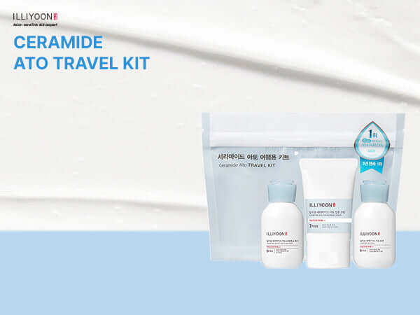ILLIYOON Ceramide Ato Travel Kit featuring lotion, cream, and wash for sensitive skin in travel-friendly packaging.