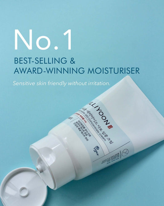 ILLIYOON Ceramide Ato Concentrate Cream on a blue background, labeled as Best-Selling Moisturizer for sensitive skin.