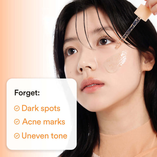 Abib Glutathiosome Dark Spot Serum applied on a woman's face, targeting dark spots and uneven skin tone.