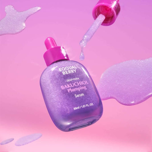 EQQUALBERRY Bakuchiol Plumping Serum bottle with dropper on a pink background, highlighting its moisturizing and firming qualities.