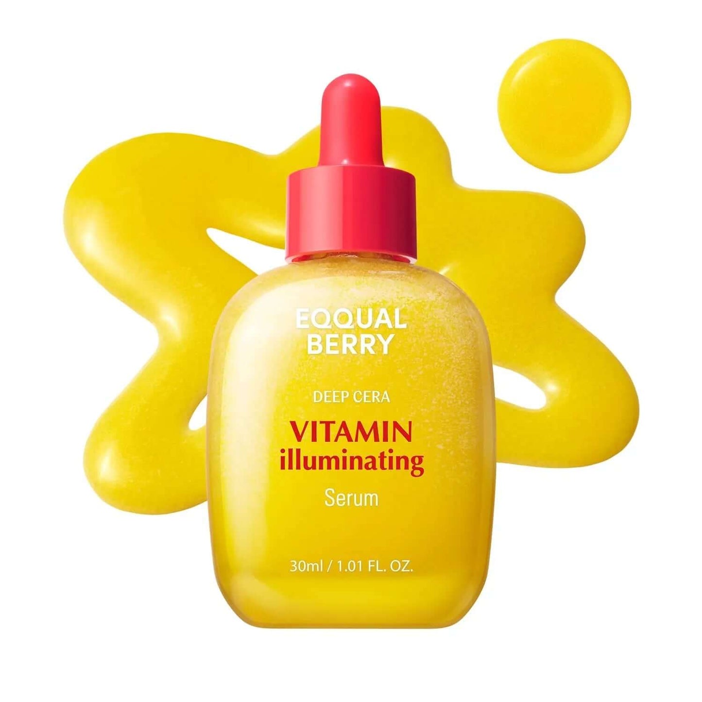 EQQUALBERRY Vitamin Illuminating Serum in a bright yellow bottle with serum texture for skin brightening and hydration.