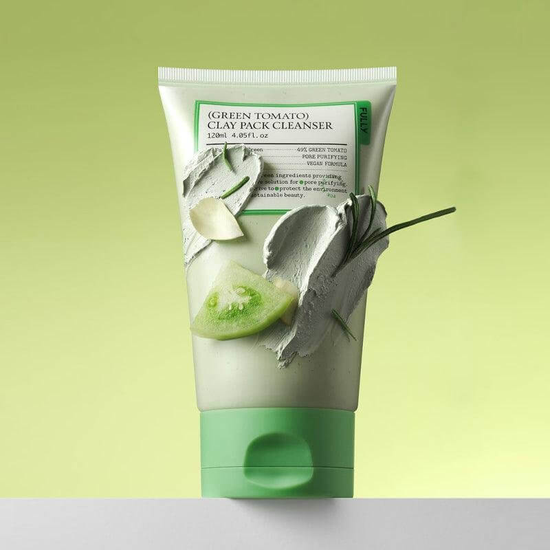 FULLY Green Tomato Clay Pack Cleanser tube with green tomato and clay, effective for unclogging pores and evening skin tone.