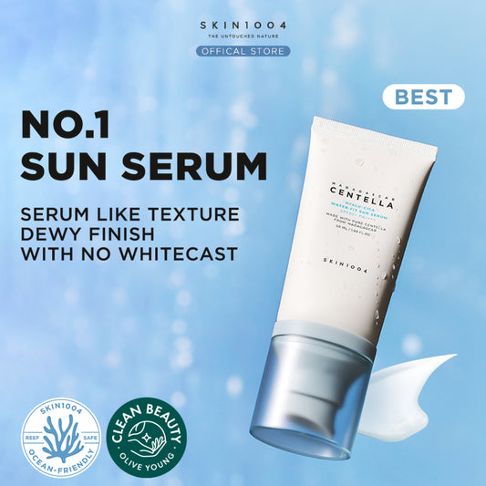 SKIN1004 Madagascar Centella Hyalu-Cica Water-Fit Sun Serum SPF 50+ PA++++ with serum-like texture and dewy finish.