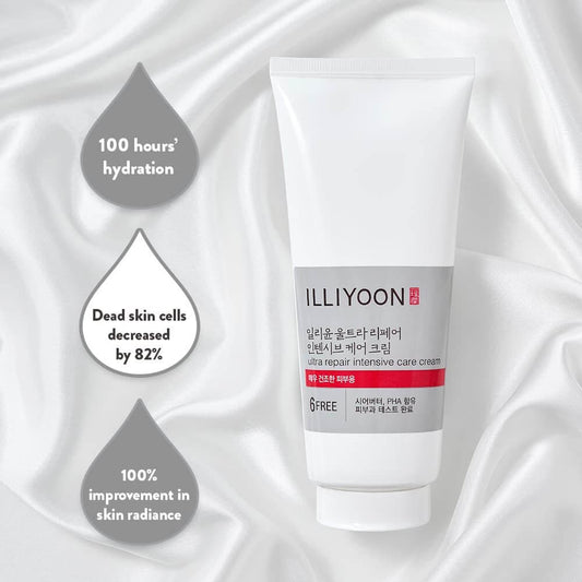 Illiyoon Ultra Repair Intensive Care Cream tube promoting 100 hours hydration and 82% reduction in dead skin cells.