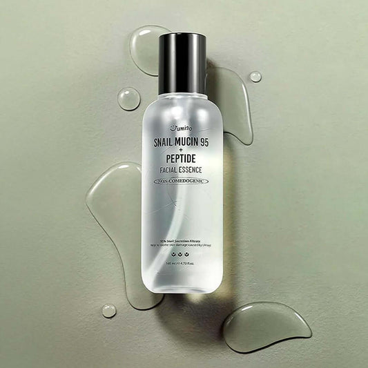 Jumiso Snail Mucin 95 + Peptide Facial Essence 140ml bottle with snail mucin droplets on a neutral background.