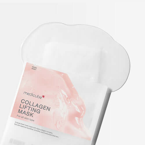 Medicube Collagen Lifting Mask packaging, designed to improve skin elasticity and reduce wrinkles, suitable for all skin types.