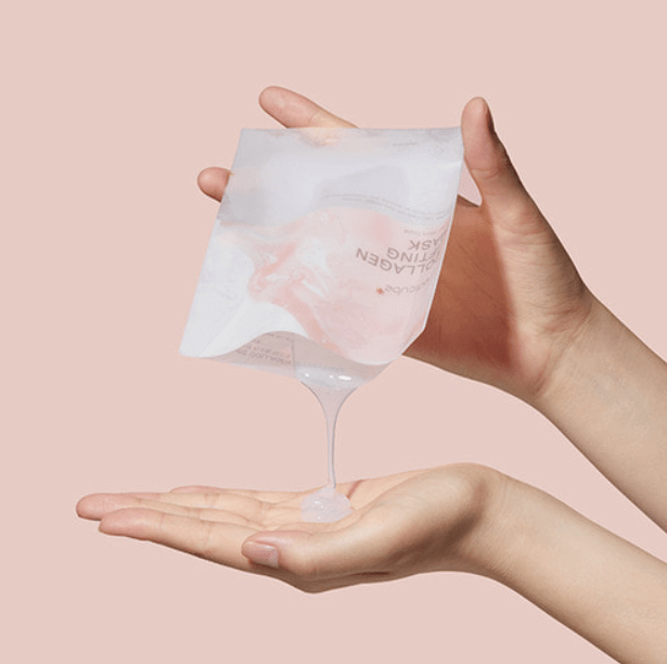 Medicube Collagen Lifting Mask being poured into a hand, showcasing its lightweight, hydrating gel texture.