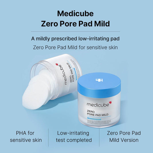 Medicube Zero Pore Pad Mild, a low-irritating exfoliating pad for sensitive skin, designed for effective pore tightening.