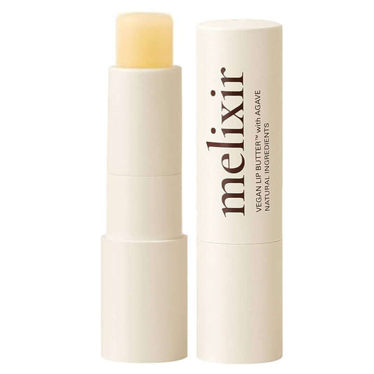 Melixir Vegan Lip Butter in white packaging, enriched with agave extract for hydration and soothing lip care.