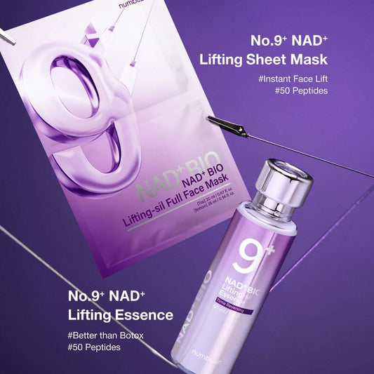 Numbuzin No.9 NAD+ Lifting Essence and sheet mask for instant face lift and wrinkle reduction, featuring 50 peptides.