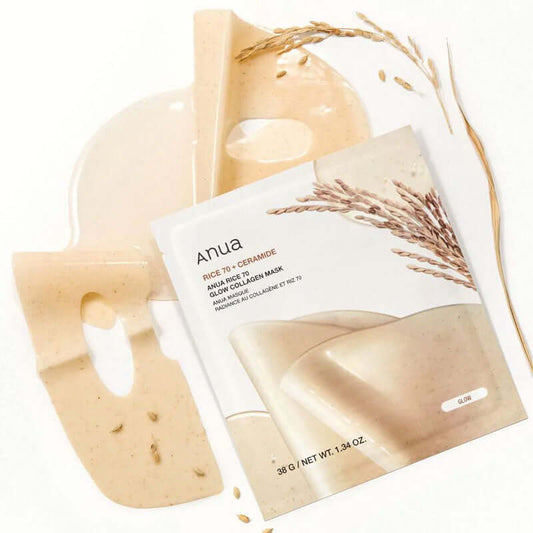 ANUA Rice 70 Glow Collagen Mask with rice extract and ceramides for brightening and firming skin.