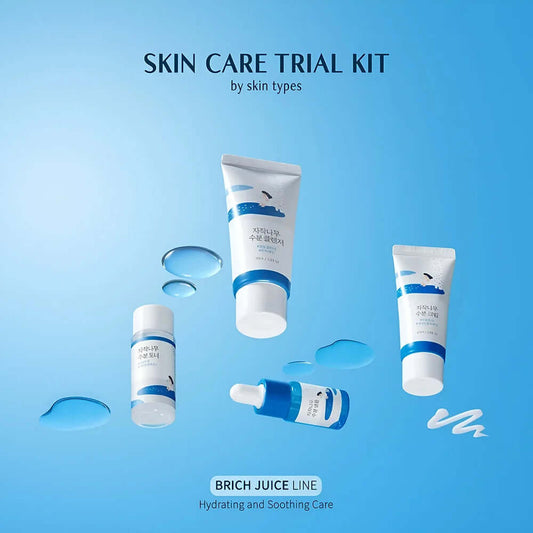Round Lab Birch Juice Trial Kit including cleanser, toner, ampoule, and cream for hydrating and soothing all skin types.