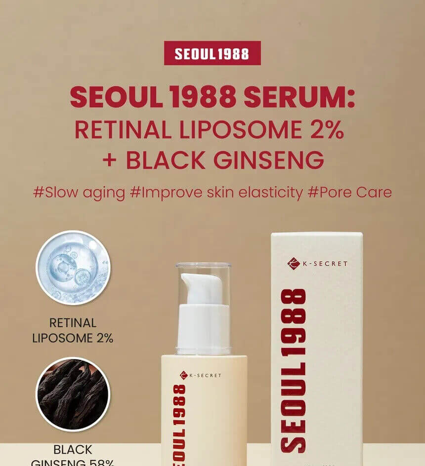 KSECRET SEOUL 1988 Serum with Retinal Liposome 2% and Black Ginseng for youthful skin and pore care.