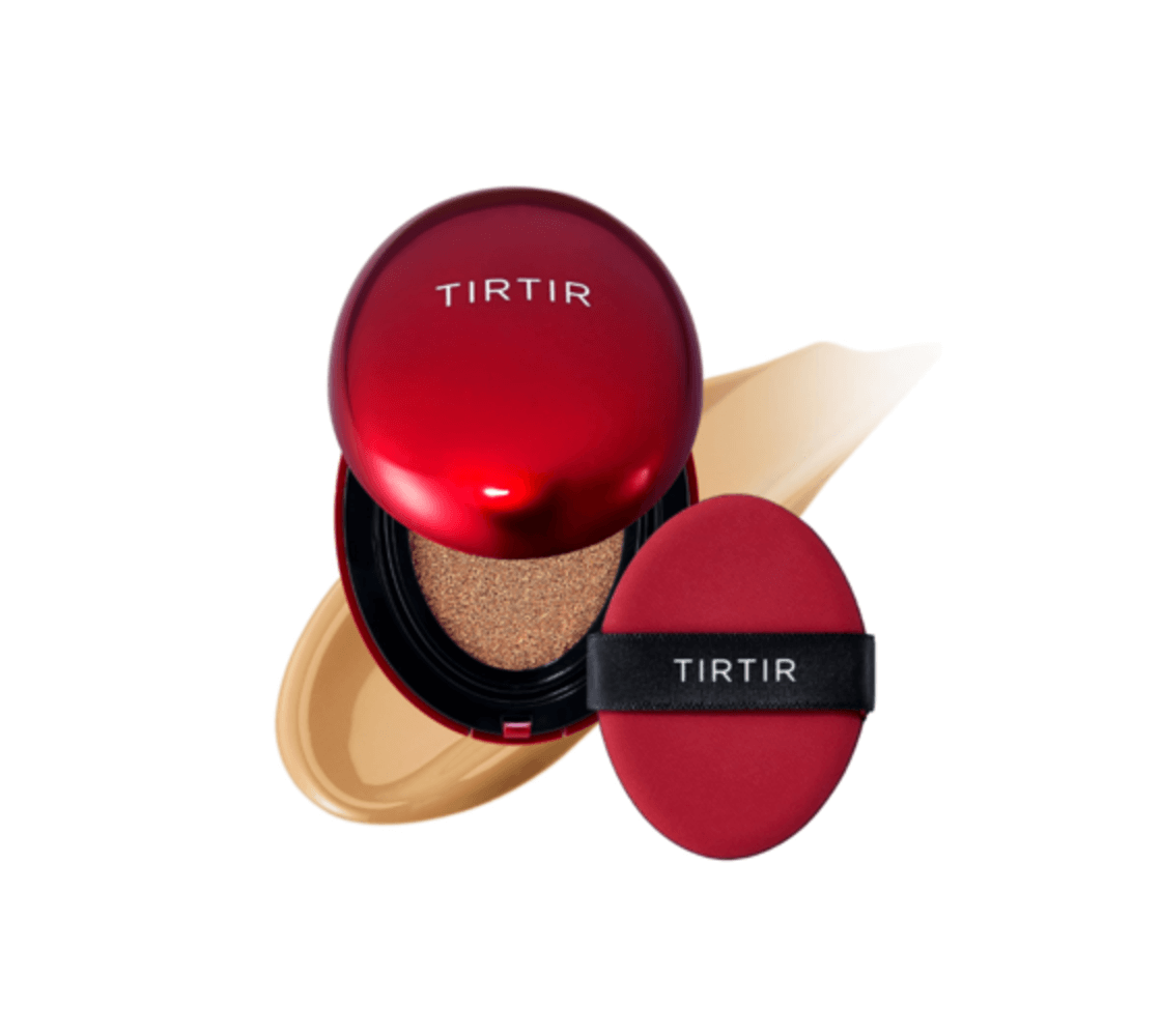 TIRTIR Mask Fit Red Cushion compact with beige foundation and applicator, offering a smooth, glowing finish.