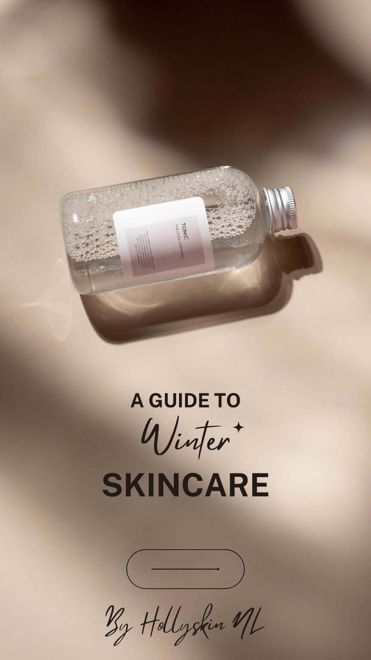 A bottle of skincare product with the text 'A Guide to Winter Skincare' on a soft beige background.