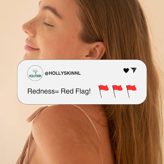 Woman with glowing skin and a subtle smile, highlighting facial redness concerns in a social media post.