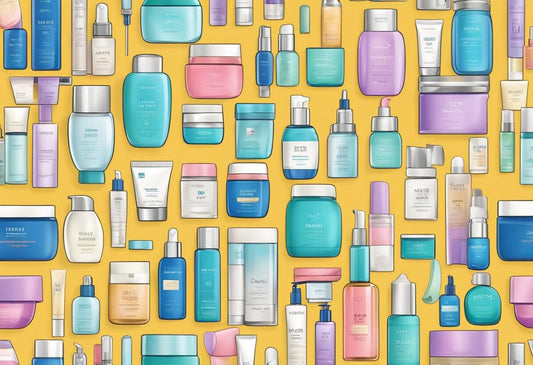 An array of colorful Korean skincare products displayed on a yellow background, showcasing various bottles and jars.