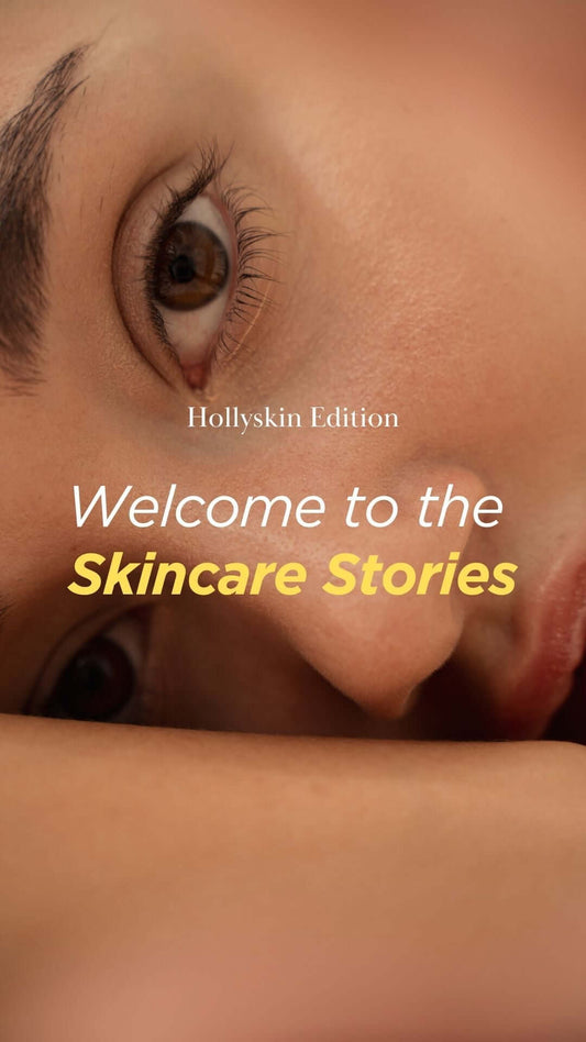 Close-up of a face with a welcoming message for Hollyskin's Skincare Stories edition.
