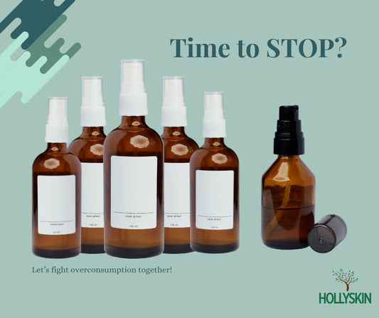 Various skincare bottles with a message about addressing overconsumption in beauty routines.